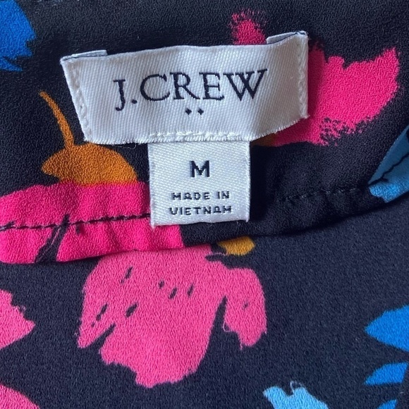 J. Crew Silky Long Sleeve Black Blue Pink Floral Ruffle Button Front Blouse Top - Picture 6 of 7